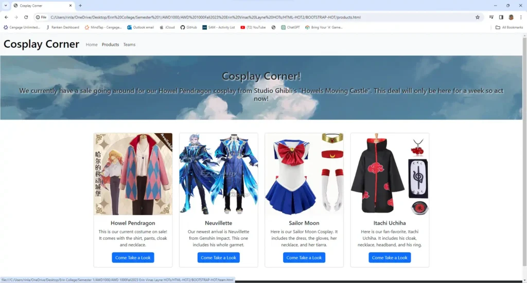 Cosplay Corner (store) made with HTML, CSS, and JavaScript